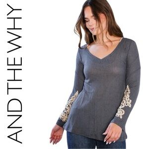 AND THE WHY? Charcoal Long Sleeve Top Accented with Ivory Crochet Detailed Lace